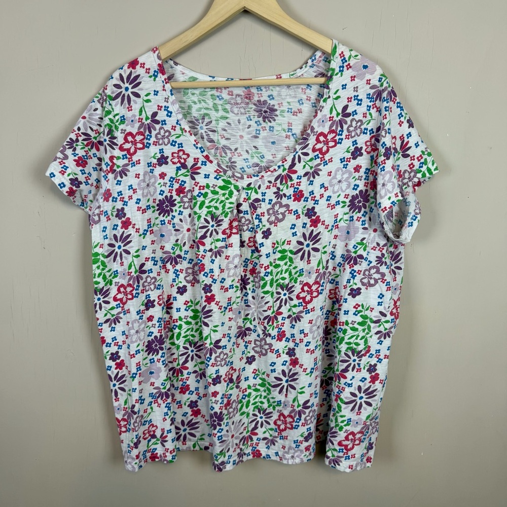 Woman Within Top 2X 4X Short Sleeve 100 Cotton Floral Casual Scoop Neck White